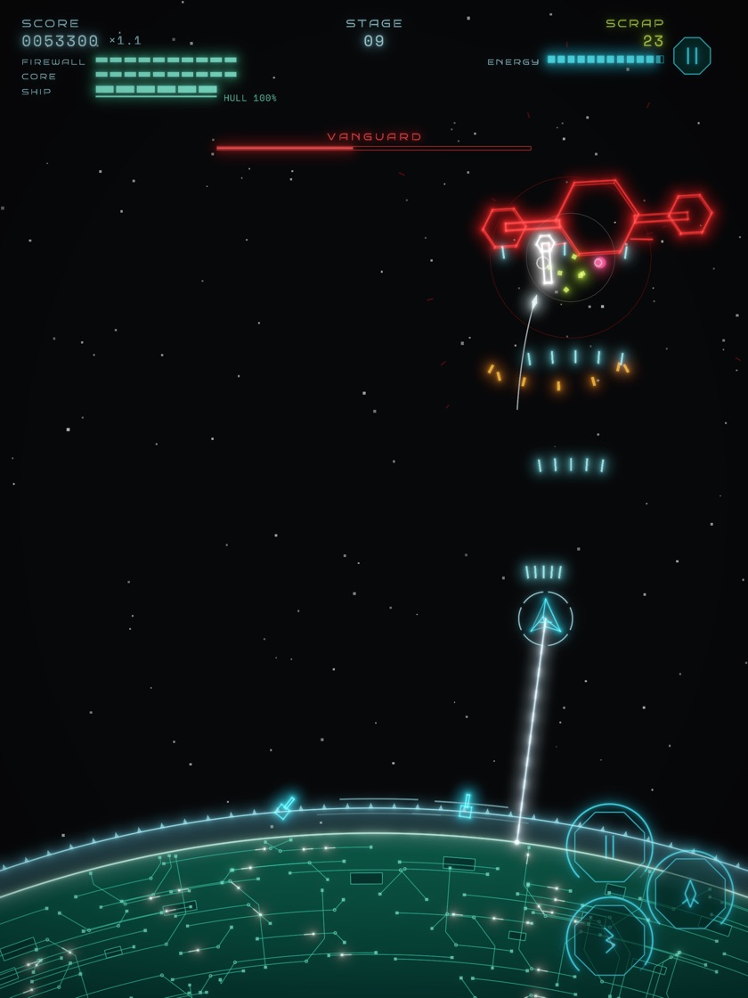 A boss fight: the Vanguard, a red wireframe craft of hexagonal pods, under its health bar near the top of the screen, the ship's laser fanning up into it and a missile on its way.