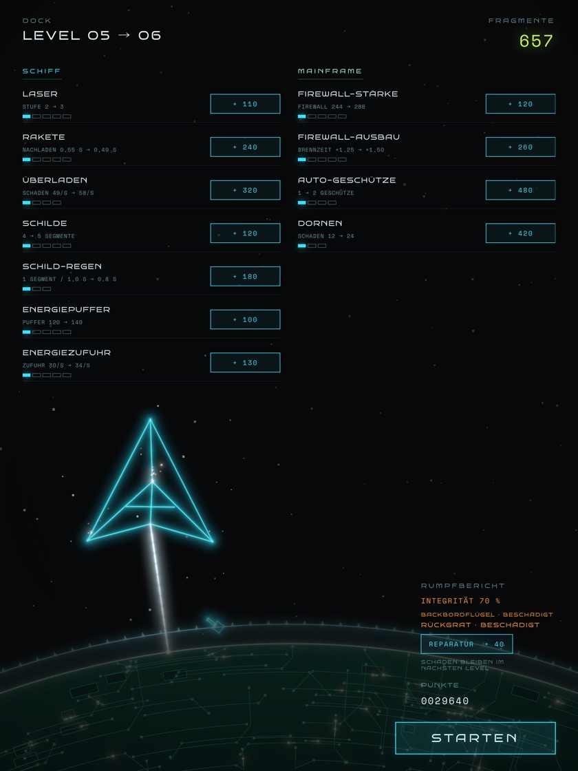 Das Dock zwischen Level 5 und 6: das Schiff groß am Rand des Mainframes, darüber zwei Listen mit Upgrades, eine für das Schiff und eine für den Mainframe, jede Zeile mit Stufe und Preis, daneben der Rumpfbericht und der Knopf STARTEN.