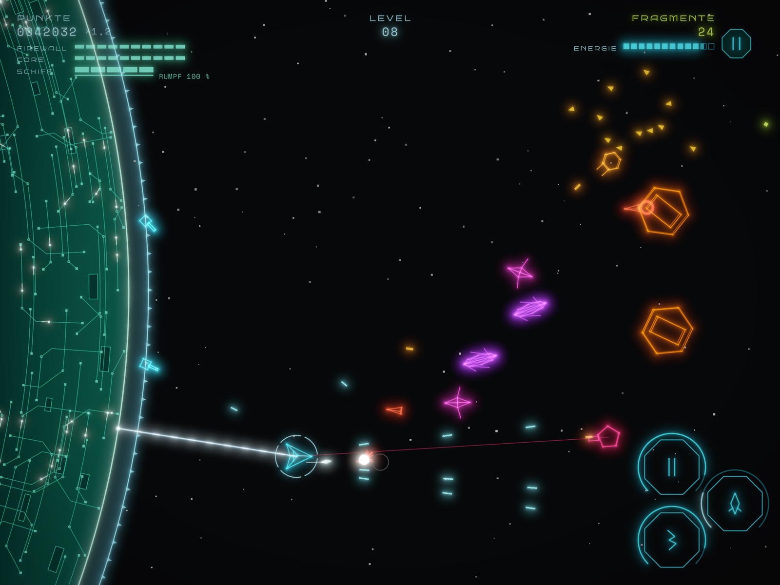 Level 8 im Querformat: der Mainframe am linken Rand, das Schiff an seinem Energie-Link feuert nach rechts auf Leeches, Weaver und Carrier, die von rechts hereinkommen.