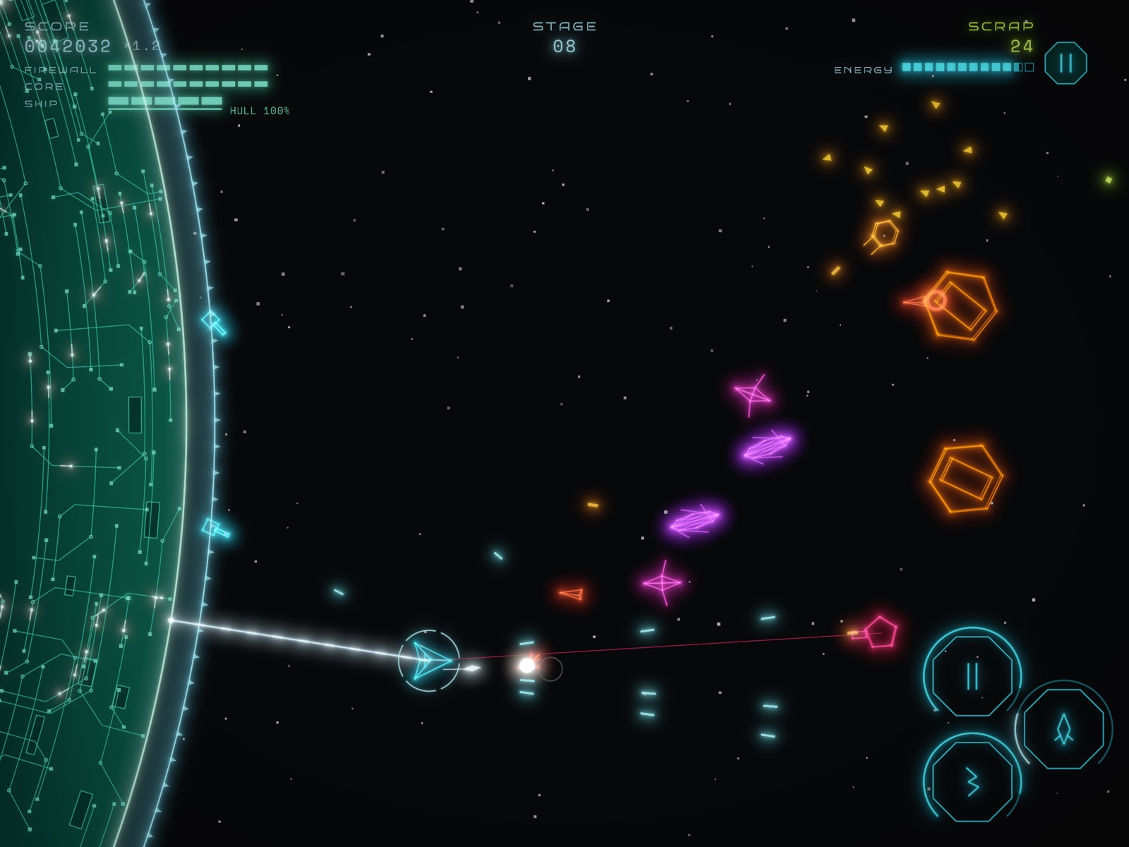 Stage 8 in landscape: the mainframe along the left edge, the ship tethered to it firing to the right, into Leeches, Weavers and Carriers coming in from the right.