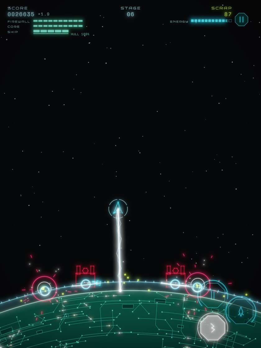 The overload: enemies stuck in the glowing firewall above the mainframe, bursting in red rings, and the ship's tether turned white-hot beneath it.