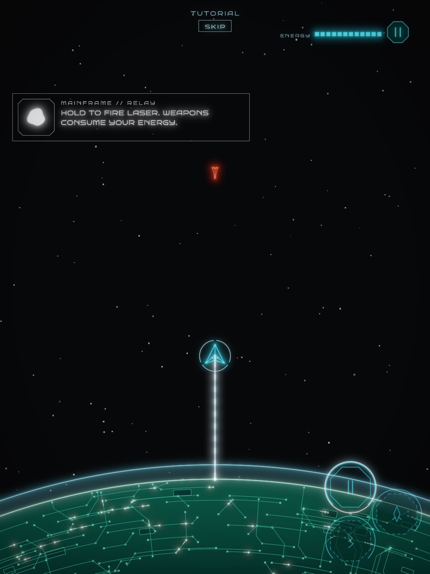 The tutorial: Relay's panel in the corner reading HOLD TO FIRE LASER. WEAPONS CONSUME YOUR ENERGY., a single enemy ahead of the ship, and a ring closing in on the laser's pad.