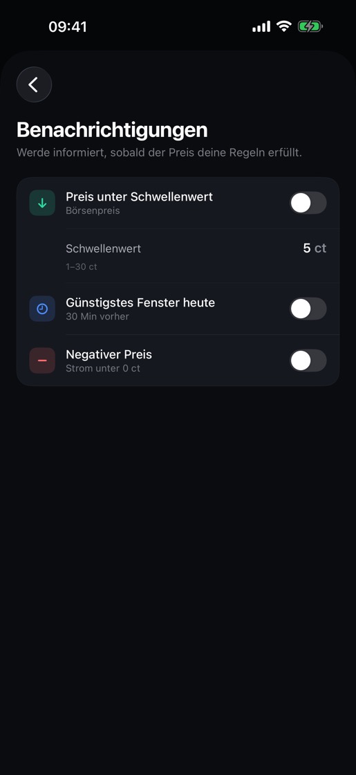Benachrichtigungsregeln für Schwellenwert, günstigstes Fenster und negative Preise.