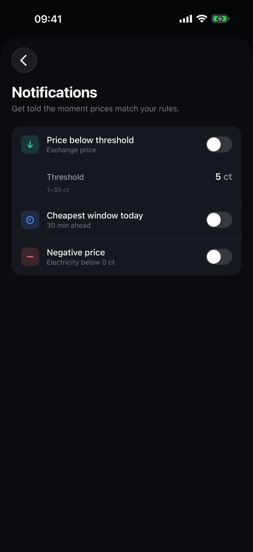 Notification rules for a threshold, the cheapest window and negative prices.