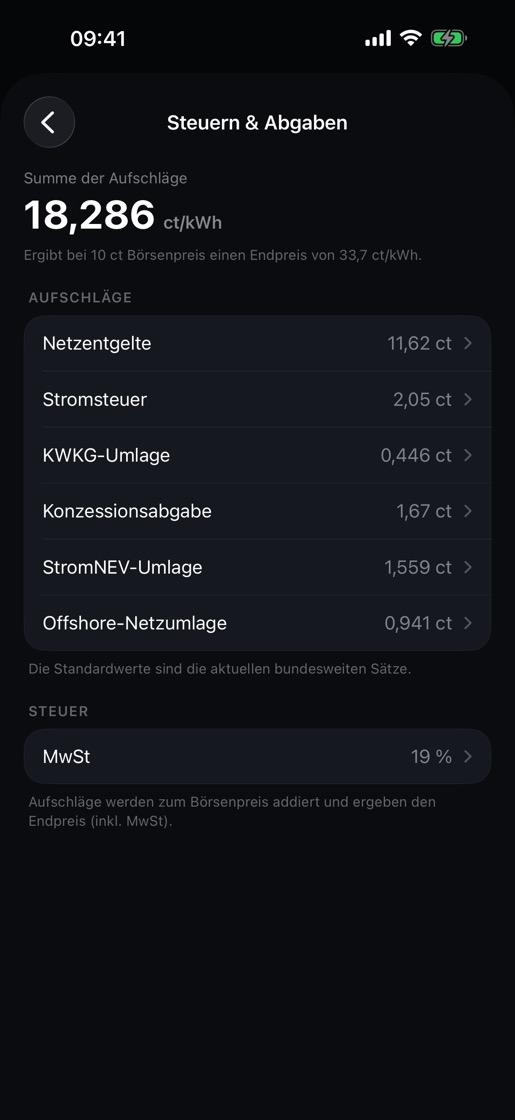 Einstellungen für Netzentgelte, Stromsteuer, Umlagen und Mehrwertsteuer.