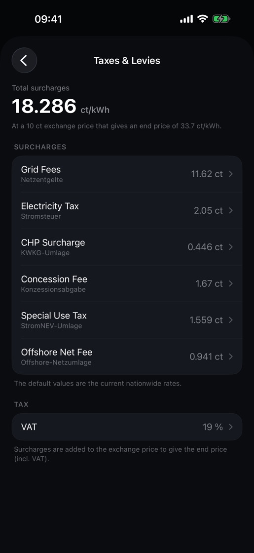 Settings for grid fees, electricity tax, surcharges and VAT.