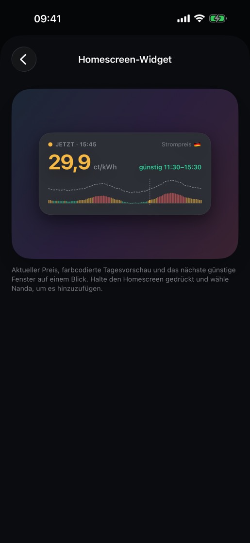 Das Homescreen-Widget mit aktuellem Preis und Tagesverlauf.