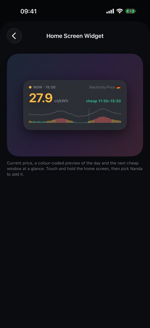The home screen widget with the current price and the shape of the day.