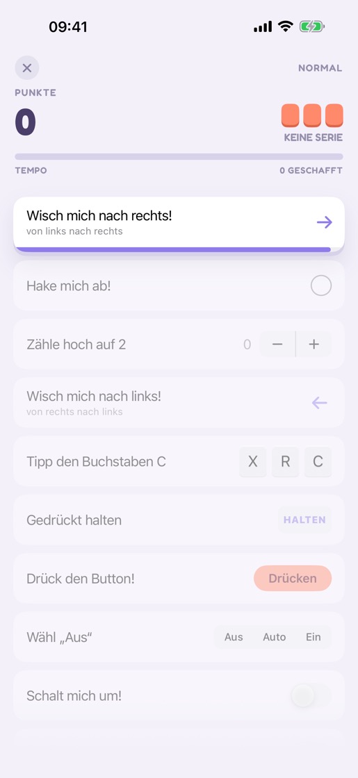 Ein laufendes Spiel: ein Stapel Karten auf lila Papier, die wie iOS-Einstellungen aussehen, die oberste hell und mit violettem Zeitbalken, die übrigen darunter abgedunkelt.
