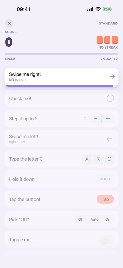 A game in progress: a stack of cards on lilac paper that look exactly like iOS settings rows, the top one lit and carrying a violet timer bar, the rest dimmed below it.