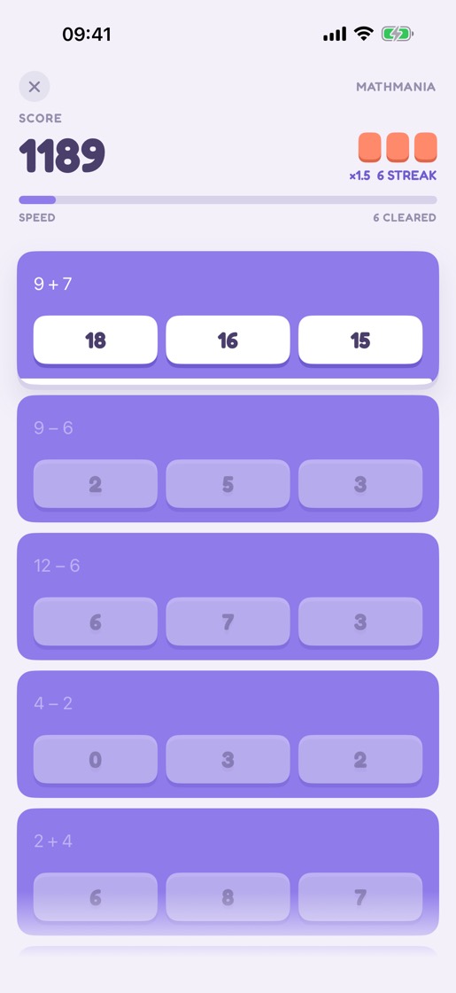 Mathmania: a stack of white cards, each with a sum and three answer buttons, above a score and a six-row streak.