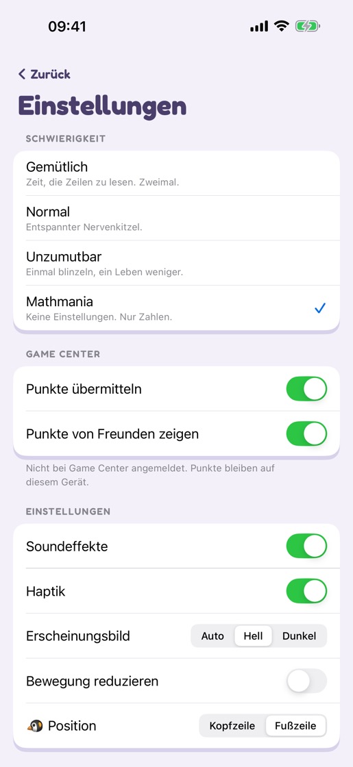 Der Einstellungsbildschirm: eine Auswahl aus vier Schwierigkeitsstufen, ein Game-Center-Schalter, vier Einstellungsschalter und ein Abschnitt mit der Überschrift NICHT ANFASSEN.