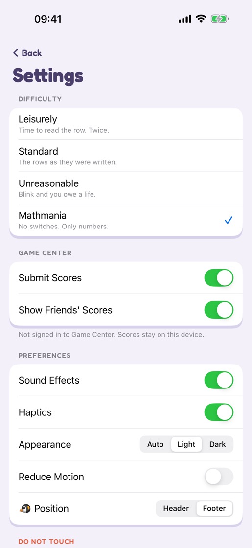 The settings screen: a difficulty picker with four levels, a Game Center switch, four preference switches, and a section headed DO NOT TOUCH.