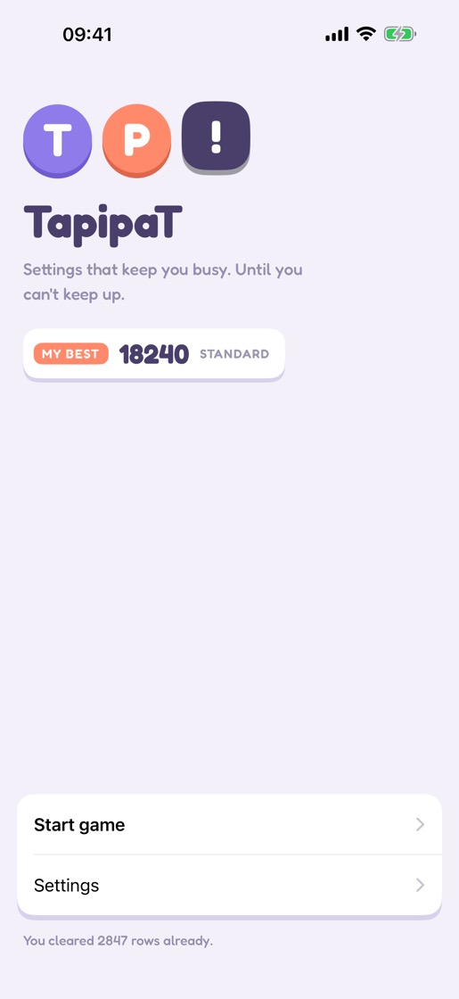 The TapipaT title screen: three bobbing tiles reading T, P and an exclamation mark, the name beneath them, a personal best on the Standard level, and rows reading Start game and Settings.
